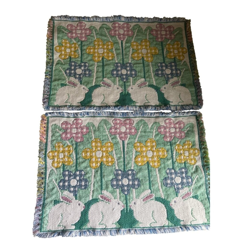 Park B Smith 6 Multicolored Woven Bunny & Flower Pattern Cotton Placemats Easter